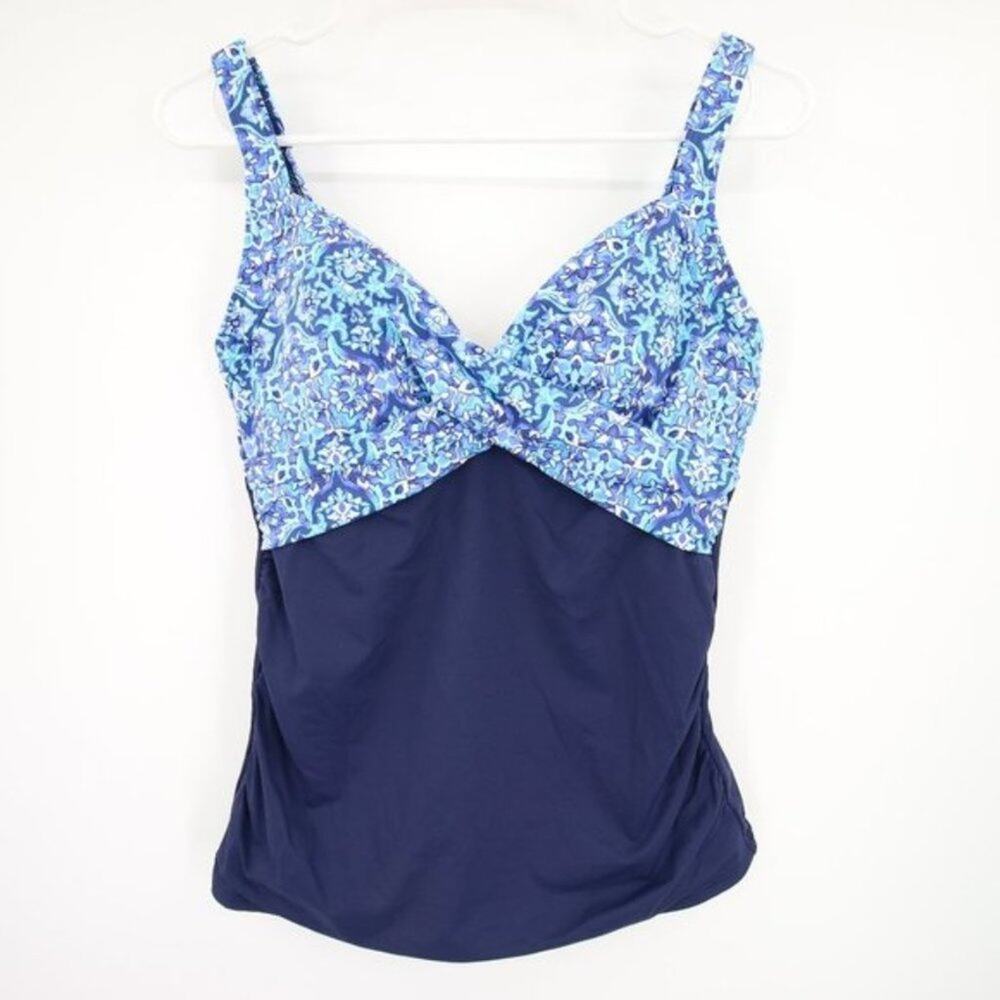 NWOT Lands End Swim Tankini Top Navy Blue Pattern Aqua Criss Cross Size 6